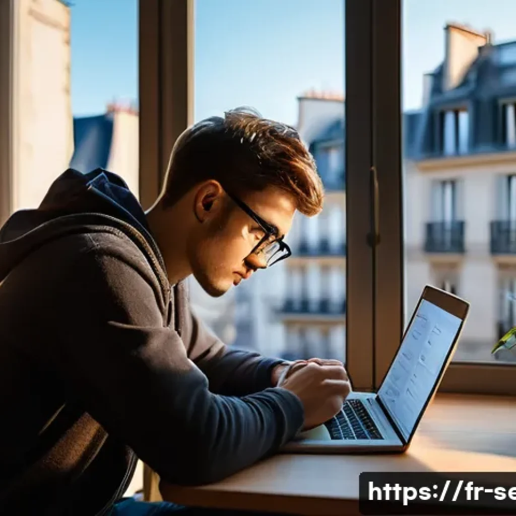 정보보안 실기 시험의 난이도 높은 문제 풀이법 - A focused young adult French student sitting at a tidy desk in a modern Parisian apartment, deeply s...
