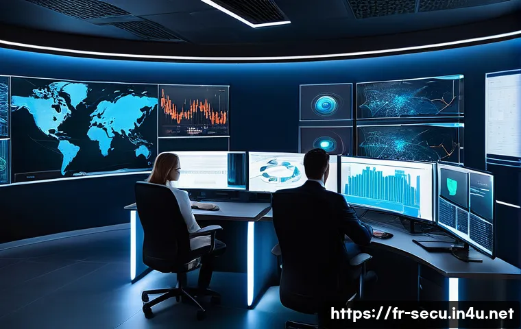 정보보안 실무에서 발생한 보안 취약점 대응 경험 - A modern corporate cybersecurity operations center with a diverse team of professionals actively mon...