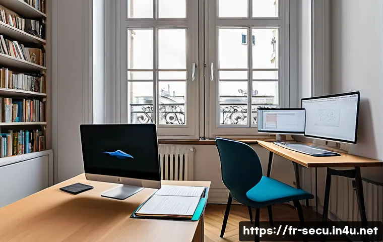 정보보안 실기 시험 대비 효율적인 학습법 - A modern, quiet study room in a Parisian apartment, with a dedicated wooden desk by a large window l...