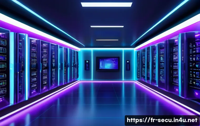 정보보안 실무에서 자주 사용되는 암호화 알고리즘 - A futuristic digital vault room illuminated by soft blue and purple neon lights, showcasing a comple...