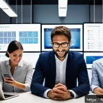정보보안 실무와 암호화 기술의 실제 활용 사례 - A modern French small business office environment showcasing a diverse team of professionals using l...