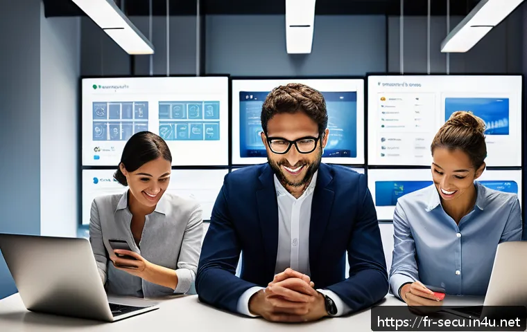 정보보안 실무와 암호화 기술의 실제 활용 사례 - A modern French small business office environment showcasing a diverse team of professionals using l...